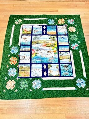 Handmade Florida Wildlife Scene Quilt Throw Blue Green 55”x 61” Signed